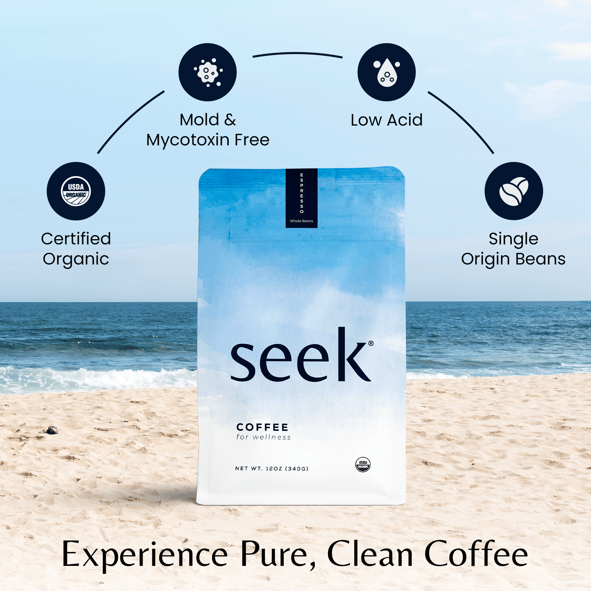 A bag of Seek® Mold-Free Coffee on a beach with icons highlighting Certified Organic, Mold & Mycotoxin Free, Low Acid, and Single Origin Beans.