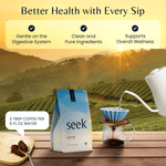 Seek® Mold-Free Coffee bag with ground coffee and a pour-over setup, highlighting benefits like gentle digestion, clean ingredients, and overall wellness against a scenic sunrise backdrop.