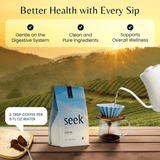 Seek® Mold-Free Coffee bag with ground coffee and a pour-over setup, highlighting benefits like gentle digestion, clean ingredients, and overall wellness against a scenic sunrise backdrop.