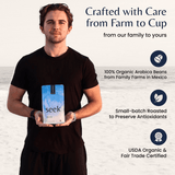 Will, co-founder of Seek® Mold-Free Coffee, holding a bag of coffee on the beach, highlighting 100% organic Arabica beans, small-batch roasting, and USDA Organic & Fair Trade certifications.