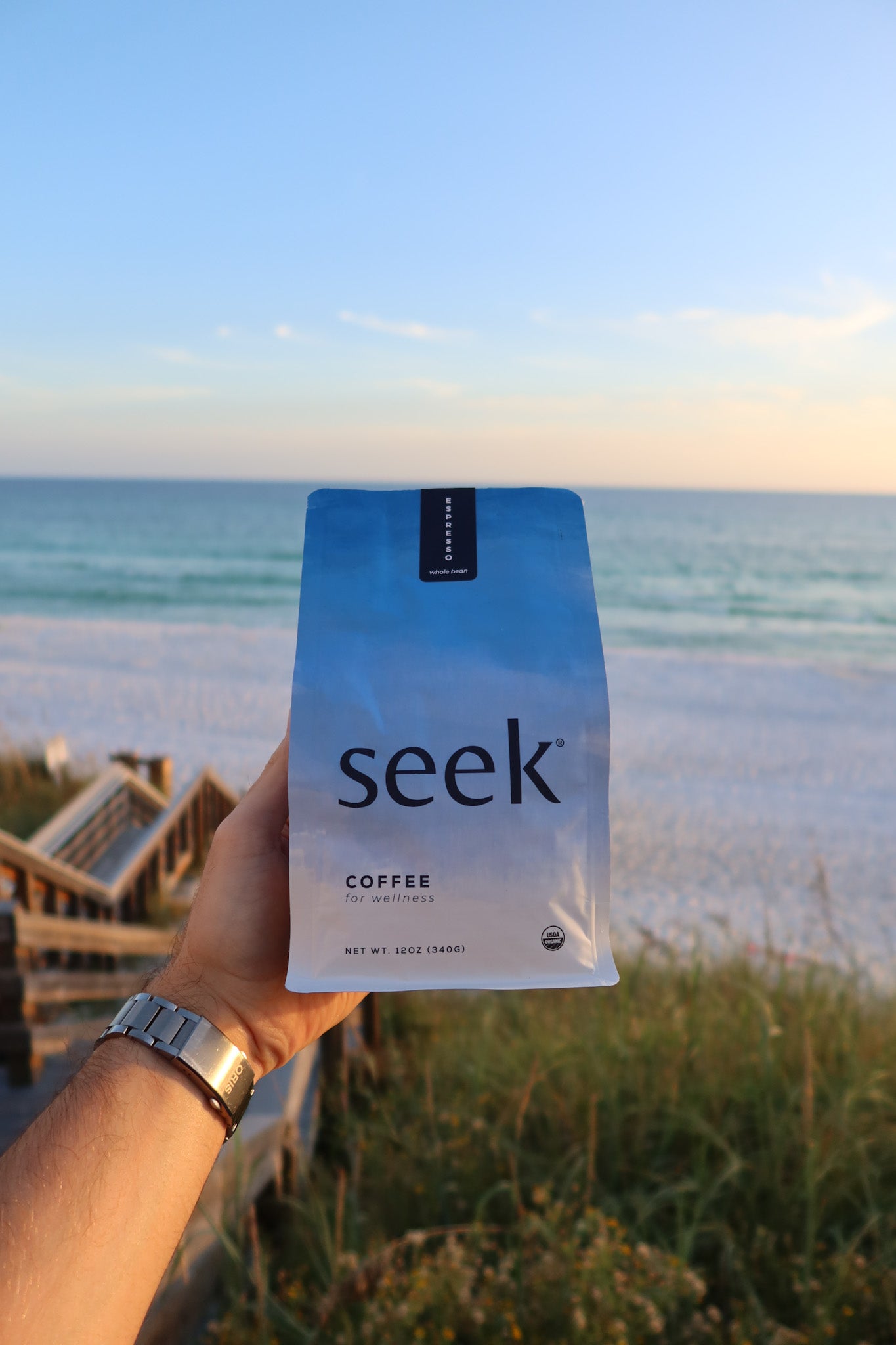 Bag of Seek ® organic mold and mycotoxin free coffee on the beach