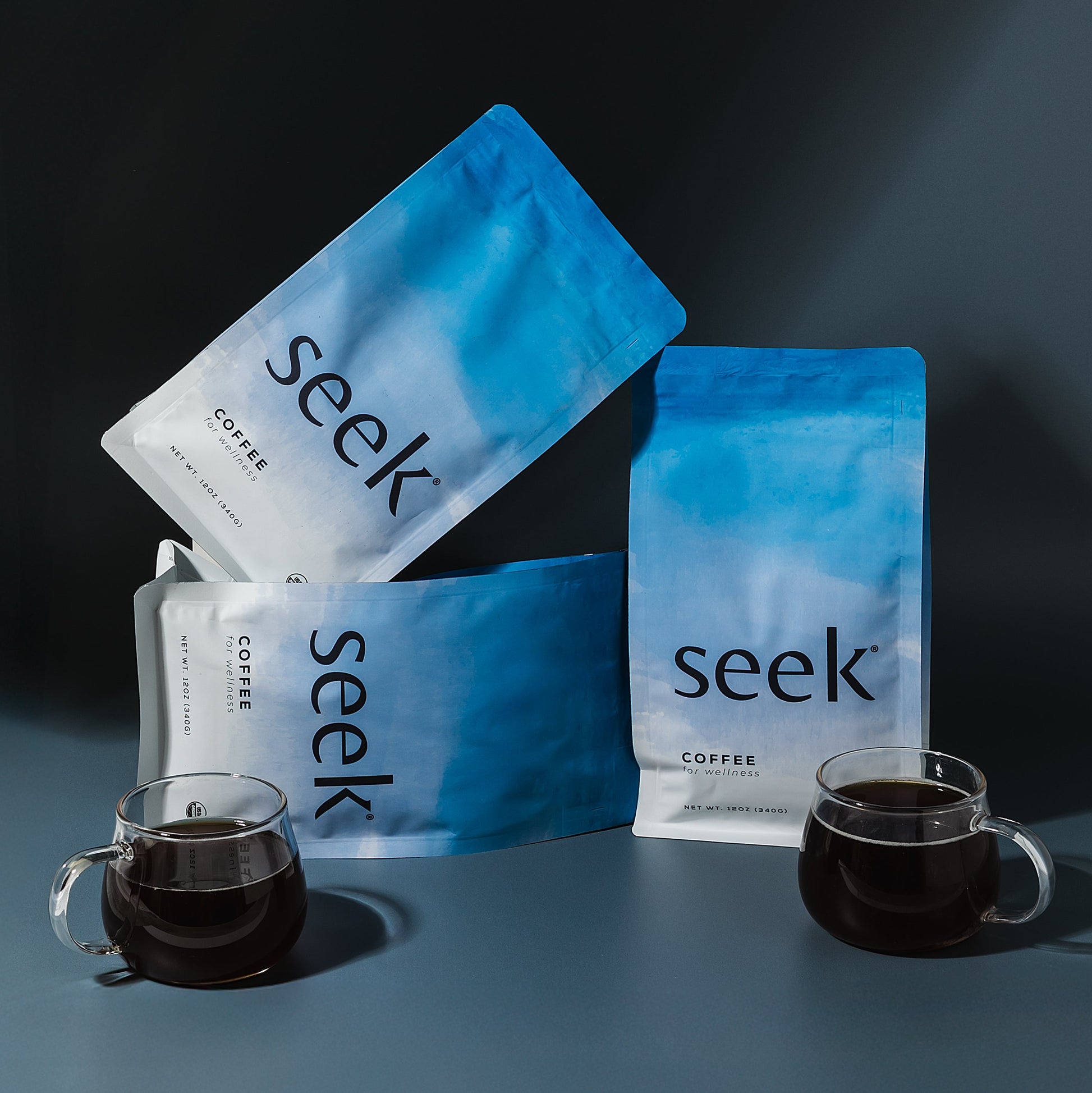 Seek coffee packages with a dark background