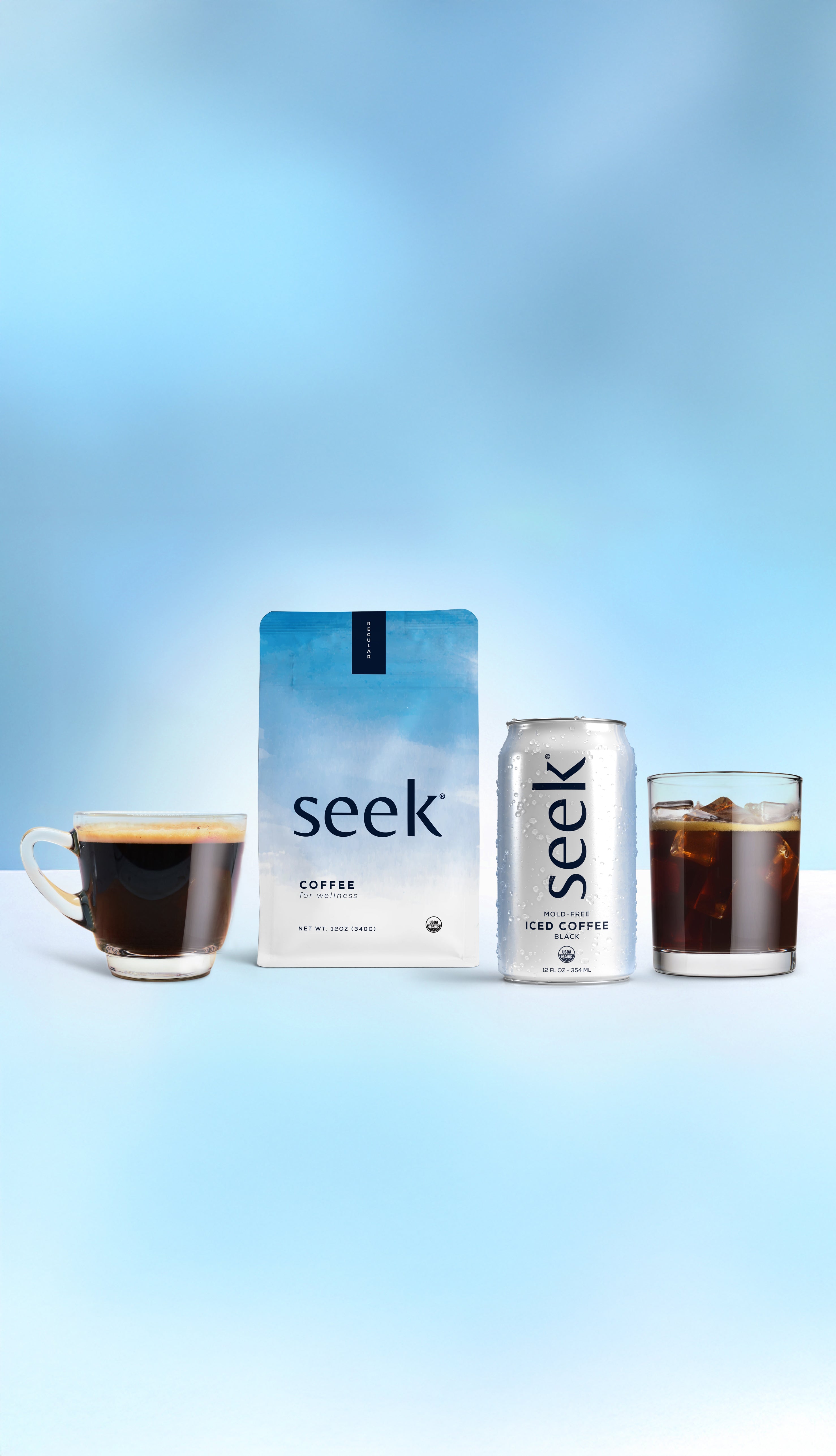 Seek® homepage hero image of our organic mold, free coffee bag, and a can of our organic mold, free iced coffee